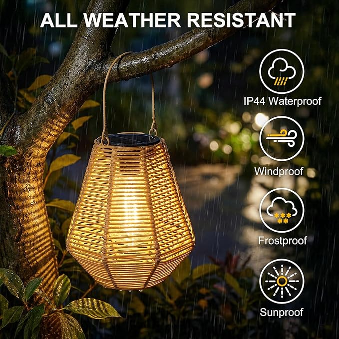 Solar Lanterns, 2 Pack Rattan Hanging Lights Solar Lanterns Outdoor Waterproof Outside Solar Lamp for Garden Patio Yard Porch Pathway Table Decor Decorative Birthday Gifts for Mom Grandma
