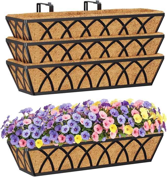HFHOME 24 inch Railing Planter Box with Coco Liner, 24" Dia Window Box Trough with Coconut Coir Liners, Black Metal Hanging Flower Planter Basket for Indoor Outdoor Lawn - Set of 4