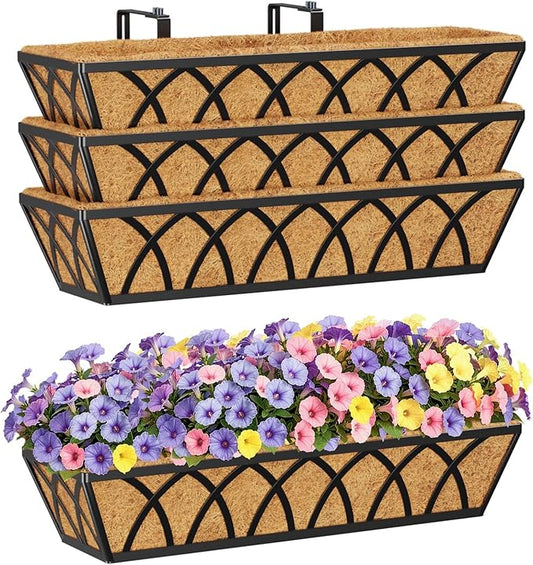 HFHOME 24 inch Railing Planter Box with Coco Liner, 24" Dia Window Box Trough with Coconut Coir Liners, Black Metal Hanging Flower Planter Basket for Indoor Outdoor Lawn - Set of 4