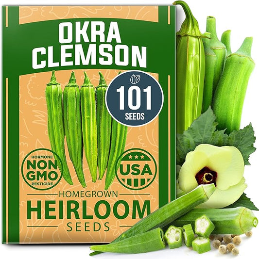 HOME GROWN Clemson Spineless Okra Seeds 101+ Heirloom Non-GMO Vegetable Seeds for Planting, Easy to Grow Summer Garden, High Germination, Heat Tolerant, Tender Green Pods (Abelmoschus esculentus)