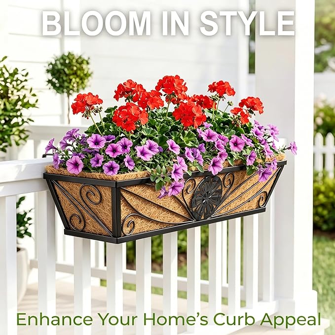 4 Pack 24 Inch Railing Planter Boxes with Coco Liner, Floral Scroll Metal Window Box Planters for Outdoor Plants, Black Hanging Window Baskets for Garden, Patio, Balcony Railing Decor