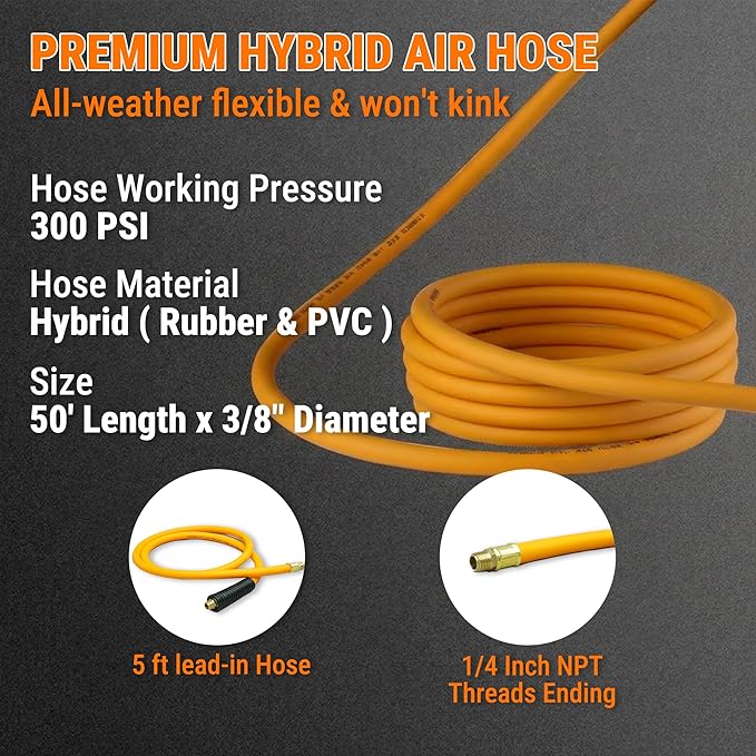 Retractable Air Hose Reel, 3/8" x 50FT Hybrid Air Hose, 300PSI Max, Auto-Rewind & Length-Lock, 1/4" NPT Fitting, Ceiling/Wall Mount Heavy Duty Single Arm Steel Reel for Workshop/Garage