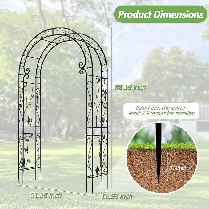 Garden Abor - 88"(H)*51"(L), Sturdy Metal Garden Arch with Rust-Resistant Finish, Trellis for Climbing Plants Outdoor, Ideal as Wedding Arches for Ceremony（20MM Pipe）