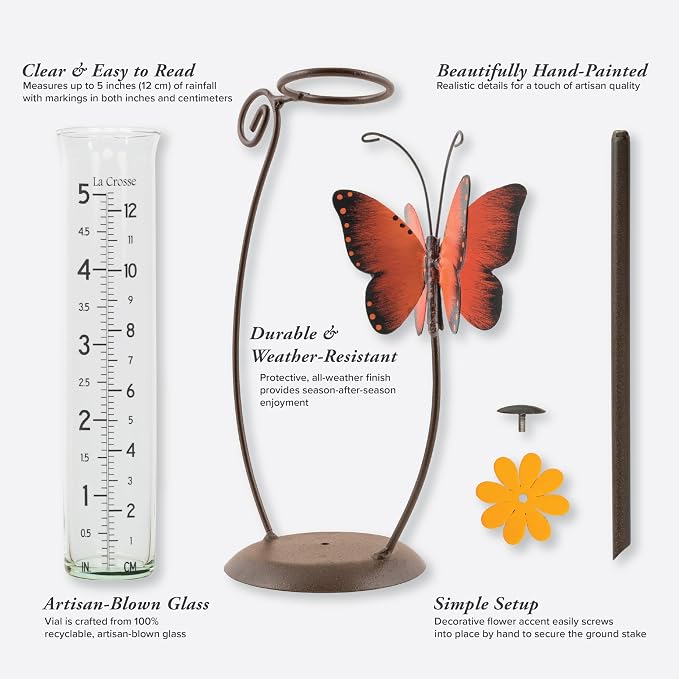 La Crosse 704-13077-INT 5 inch Capacity Glass Orange Butterfly Rain Gauge