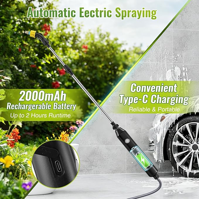 Battery Powered Sprayer Wand, 32 FT Hose, 32 Inch Electric Pump Sprayer with 3 Adjustable Speeds, Battery Indicator, Rechargeable Garden Sprayers for Plant Watering, Cleaning & Outdoor Use