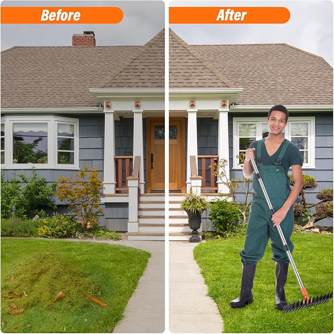 Lmaytech Garden Thatch Rake for Lawn, Heavy Duty Metal Thatching rake with Strong Handle, Wide 15inch Iron Dethatcher Rakes for Yard Leaf & Weed Clean, Soil Loose, Grass Groom