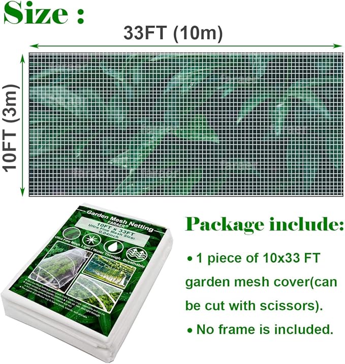 Garden Netting, Plant Covers 10x33Ft Net Ultra Fine Mesh Protection Netting for Vegetable Plants Fruits Flowers Crops Greenhouse Row Cover Raised Bed Barrier Screen Protection Net Cover (10x33ft)