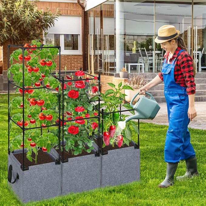 2 Pack Square Tomato Cages with Grow Bags, 42.5 Inch Stable Square Tomato Planter Support Stakes Kit for Garden, Tomato Cages Trellis Pots for Spring Climbing Vertical Plants Vegetables Fruits Vines
