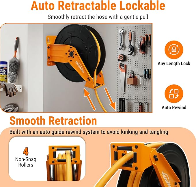 Retractable Air Hose Reel, 3/8" x 50FT EPDM Rubber Air Hose, 300PSI Max, Auto-Rewind & Length-Lock, 1/4" NPT Fitting, Ceiling/Wall Mount Heavy Duty Dual Arm Steel Reel for Workshop/Garage
