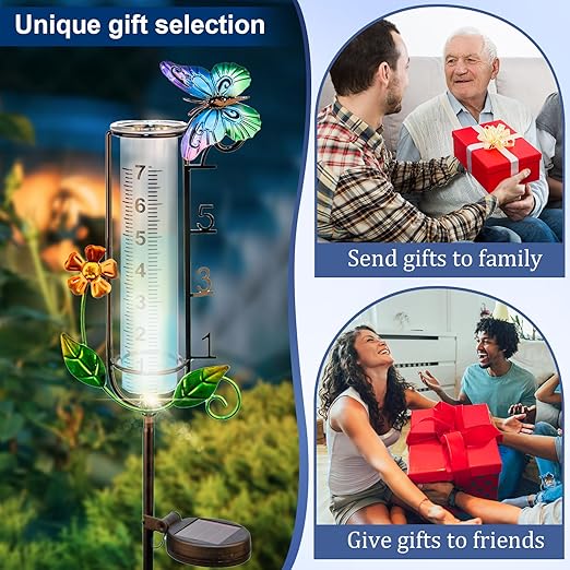 Solar Rain Gauge Outdoor with Metal Stake - 45" Decorative Butterfly Rain Gauge, 7 Inch Capacity Waterproof Yard Art Garden Decor with LED Light, Unique Gardening Gifts for Mom/Grandma/Family