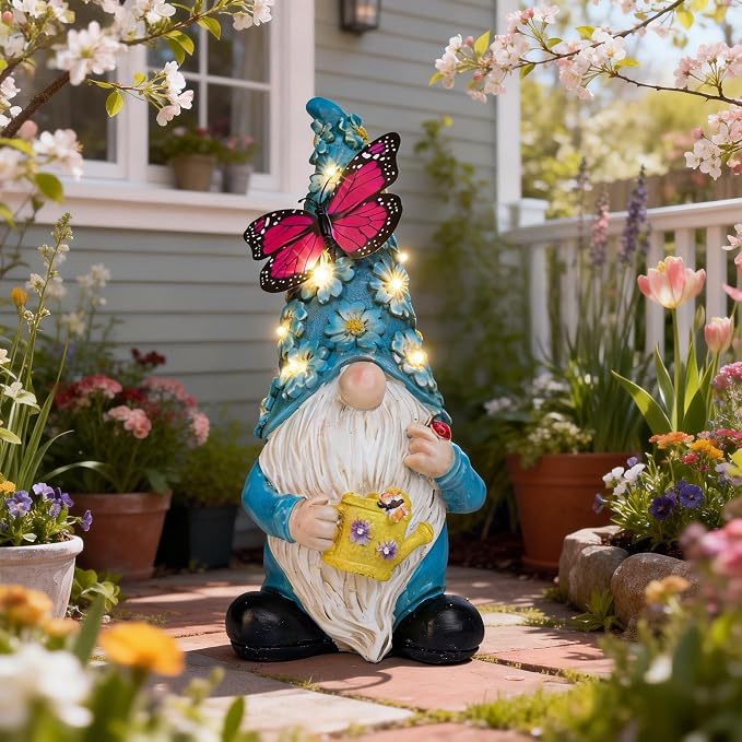 Garden Gnome Statues Outdoor Decor Solar Gnomes with Butterfly on LED Lighted Flowers, Resin Blue Gnomes Sculpture for Patio Yard Lawn Onament Decoration