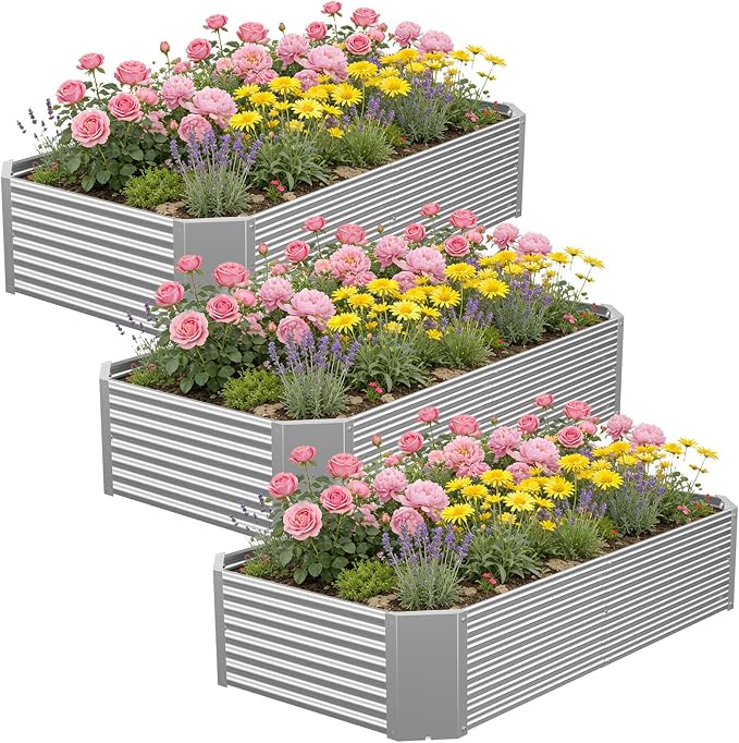 3 Pcs 4 x 2 FT Galvanized Steel Raised Garden Bed for Outdoor Gardening, Durable Metal Planter Box for Vegetables, Herbs, and Flowers, Easy Assembly & Rust Resistant