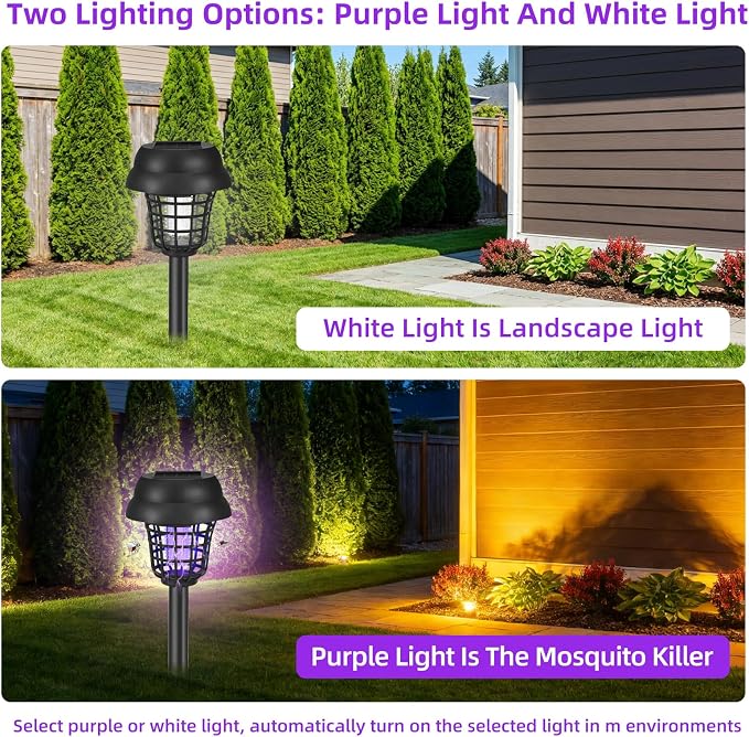 Solar Bug Zapper Outdoor Waterproof Mosquito Zapper Repellent Outdoor Patio,Auto On/Off Purple or White Light, Solar Powered Gnat Flying Insect Bug Zappers for Yard, Garden, Backyard, Pathway