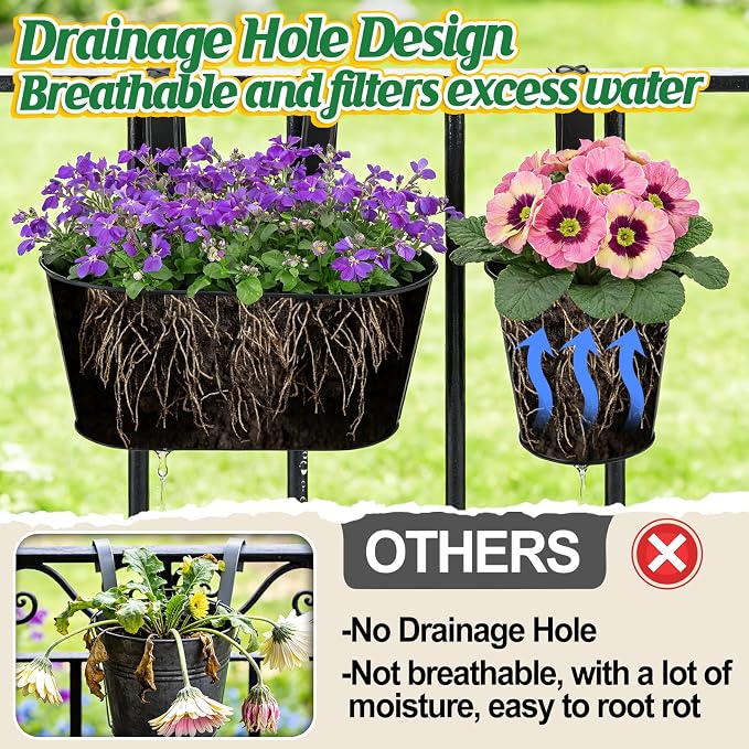 MADHOLLY Railing Planter with Drainage - 10.8" & 5.1" Bucket Pots for Balcony Railing, Metal Iron Hanging Flower Pots for Herb Planter Outdoor Deck & Rail Decor with Hook, Black (3Pcs)