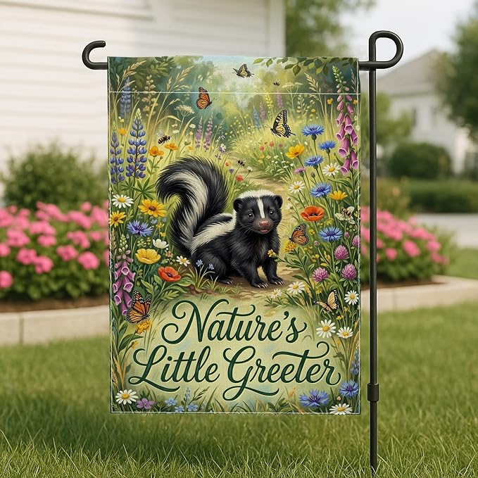 Skunk Garden Flag, Nature Fanciful Butterfly Flowers Spring Green Burlap Double Sided Small Garden Yard Flag for Outdoor Patio Lawn Porch Entrance Campsite 12x18 Inch