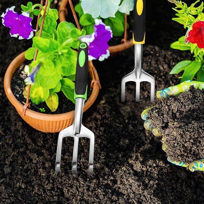Yaocom 12 Pcs Hand Rake Garden Tool Mini Rake Heavy Duty Garden Cultivator 11 Inches Small Rake for Gardening Aluminum Alloy Hand Tiller with Soft TPR Handle for Digging Weeding Loosening Soil