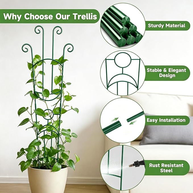 KINGLAKE Plant Trellis for Climbing Plants Indoor Outdoor - 2 Pack 32.7 Inch Green Expandable Metal Garden Trellis for Potted Climbing Plants Support Flower Vine Ivy Monstera Houseplant with Tape