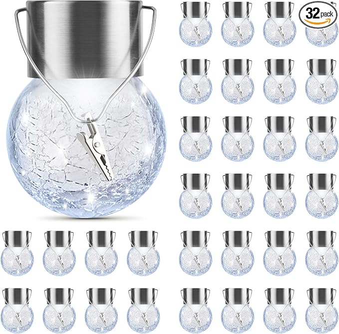 PARTPHONER 32 Pack Hanging Solar Lights Outdoor, Waterproof Solar Globe Lantern with Handle and Clip, Decorative Cracked Glass Ball Lights for Christmas Decor, Tree, Yard, Garden, Patio (Cold White)