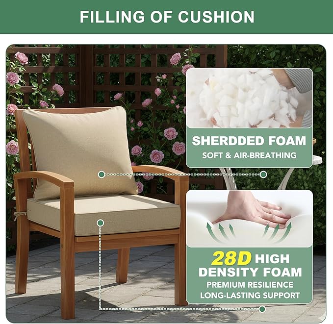 Summsun Outdoor Chair Cushions Set of 4, Faux Linen Patio Furniture Cushions, Water Resistant Backrest and Seat Cushion Set with Ties, Removable Cover, Non-Slip Bottom, 19 x 19 Inch, Nature