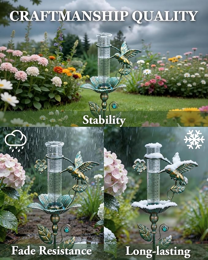 shumi Rain Gauge Outdoor Hummingbird, Upgraded Glass Rain Gauge Outdoors Best Rated, Freeze Proof Adjustable Height Rain Gauges for Yard Garden Decor, Gardening Gifts for Women