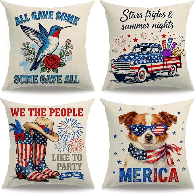 4th of July Patriotic Throw Pillow Covers 18x18 Inch 4Pack, American Flag With Hummingbird, Truck, Cowboy Boots & Dog Pillow Cases, Independence Day Farmhouse Cushion Covers for Sofa Patio (Red/Blue)