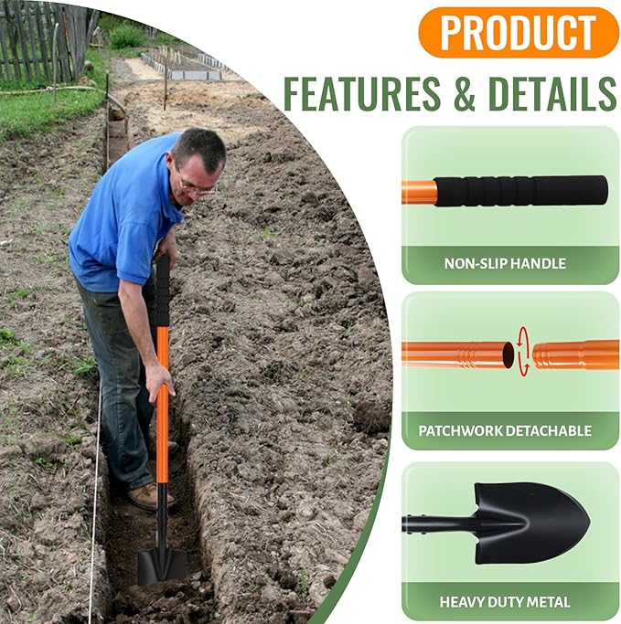 Small Round Point Digging Shovels, Garden Spade Shovel Beach Shovels with 43.3in Handle,Heavy Duty Portable Metal Shovel for Gardening Camping Trenching Digging Landscaping,Off-Road Use, Orange