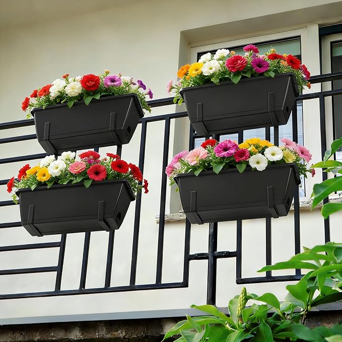 Railing Planter Box 2 Tier Window Boxes Planters Set of 2 with 4 Pack Flower Boxes 16.9 Inch Deck Railing Planter with Adjustable Brackets Black Balcony Fence Hanging Planters for Outdoor Porch Patio