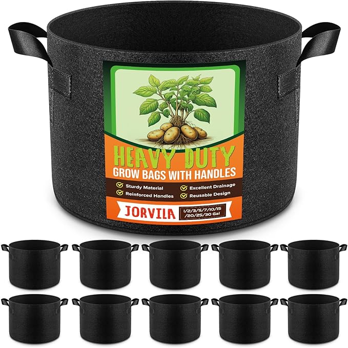 Jorvila 10 Pack 7 Gallon Grow Bags, Thickened Nonwoven Fabric Planter Pots with Handles, Heavy Duty 300G Garden Pots for Tomato, Potato and Vegetable