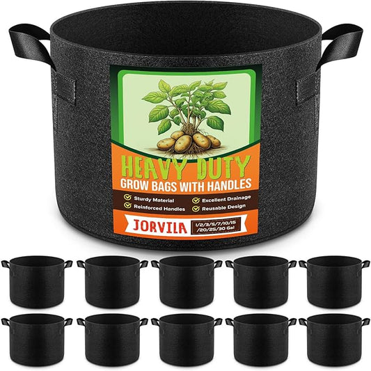 Jorvila 10 Pack 5 Gallon Grow Bags, Thickened Nonwoven Fabric Planter Pots with Handles, Heavy Duty 300G Garden Pots for Tomato, Potato and Vegetable