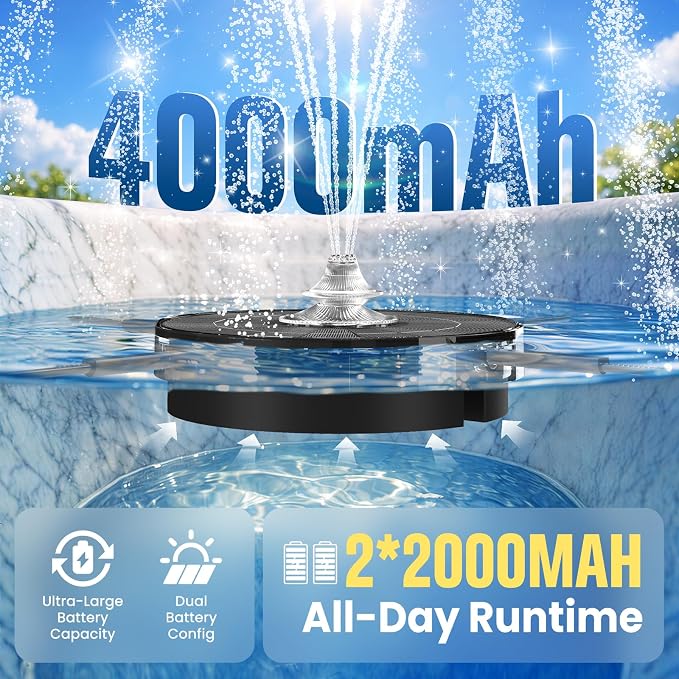 4000mAh Solar Fountain,2026 Solar Bird Bath Fountain Pump,3 Spray Solar Powered Water Fountain with Lights,Floating Birdbath Fountain,DIY Water Bird Bath Fountain for Outdoor,Garden,Pond-Black