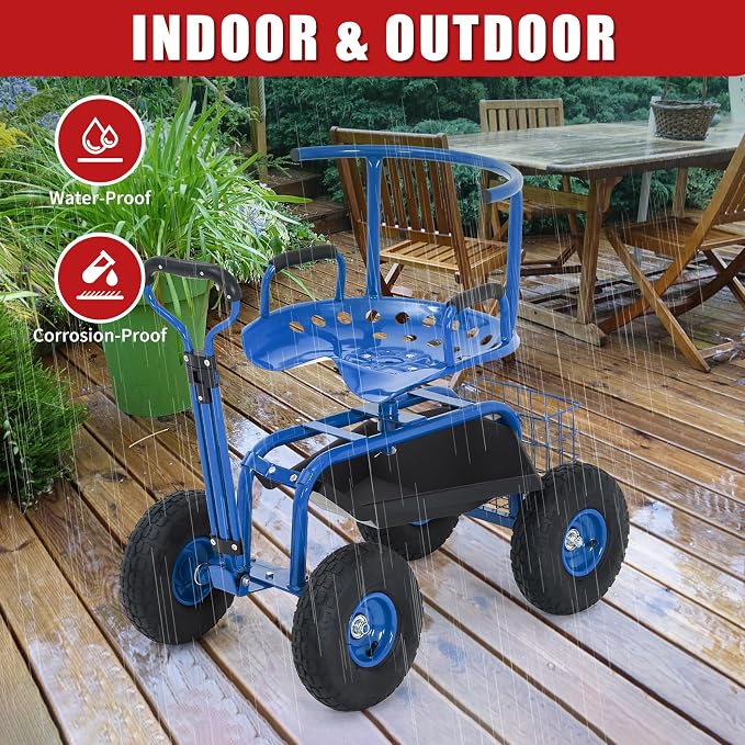 Rolling Garden Work Seat with Wheels, 300lbs Heavy Duty Garden Cart, 360° Swivel Adjustable Height Rolling Stool, Extendable Handle, Storage Basket & Tray for Gardening, Lawn Care, Adults & Seniors