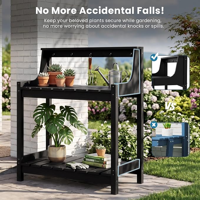 Garden Potting Bench for Outside, HDPE Outdoor Potting Table with Storage Shelves & Tool Hooks, All Weather Planting Workstation for Patio Backyard Garden (Black)