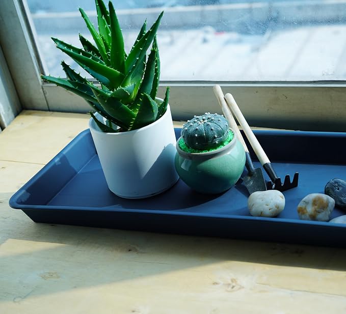 VUWEZ 2 Pack of Blue Plastic Rectangular Plant Tray, Plant Saucer for Indoors & Outdoors, 6.5 X 13 Inch, Modern Glossy Finish