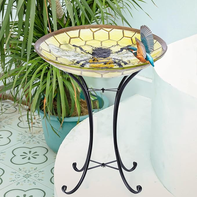 MUMTOP Bird Baths for Outdoors - Bee Large Glass BirdBath Bowl with Metal Stand, Outdoor Garden BirdBaths for Outside Lawn Yard Decor