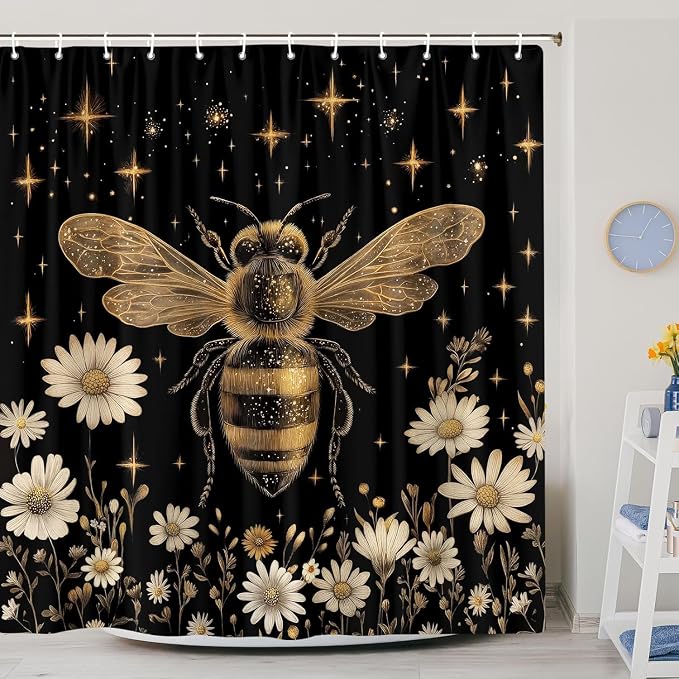 Vintage Boho Shower Curtain Black and Gold Floral Bathroom Aesthetic Decorative, Funny Rustic Bee Daisy Flowers Witchy Eclectic Chic Farmhouse Shower Curtains with Hooks, 72X84 Inch Yellow