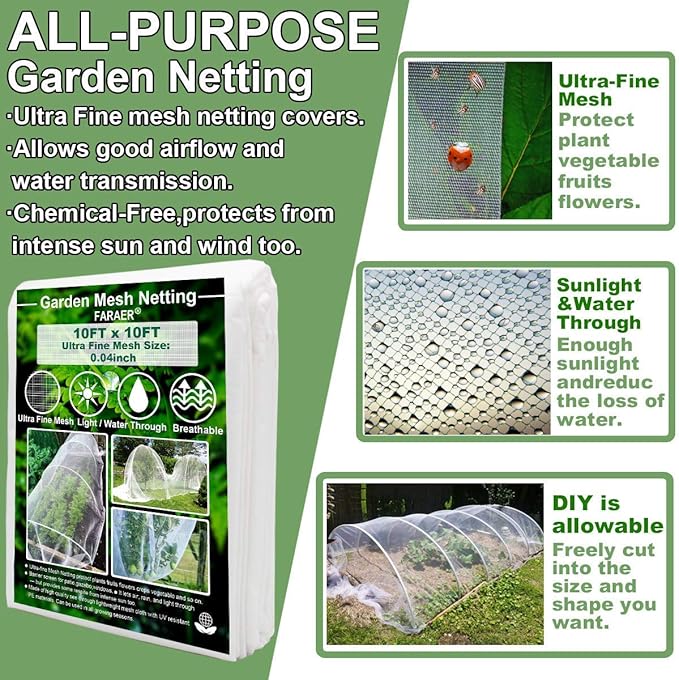 Garden Barrier Netting, Plant Covers 10x10Ft Ultra Fine Mesh Netting Protect for Vegetable Plants Fruits Flowers Crops Greenhouse Row Covers Raised Bed Barrier Screen Birds Protection Net (10x10ft)