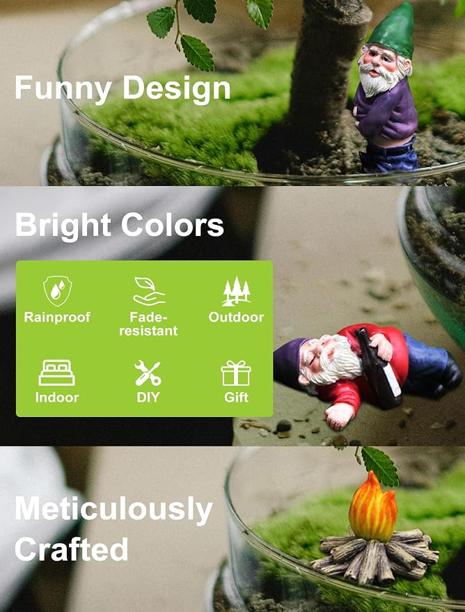 Garden Gnomes Outdoor Statue, 𝗗𝗿𝘂𝗻𝗸 Resin Gnomes Figurines, Small Gnome Gifts Decorations for Yard Home Patio Yard Lawn Balcony Porch Patio Desks Ornament, 4Pcs Set