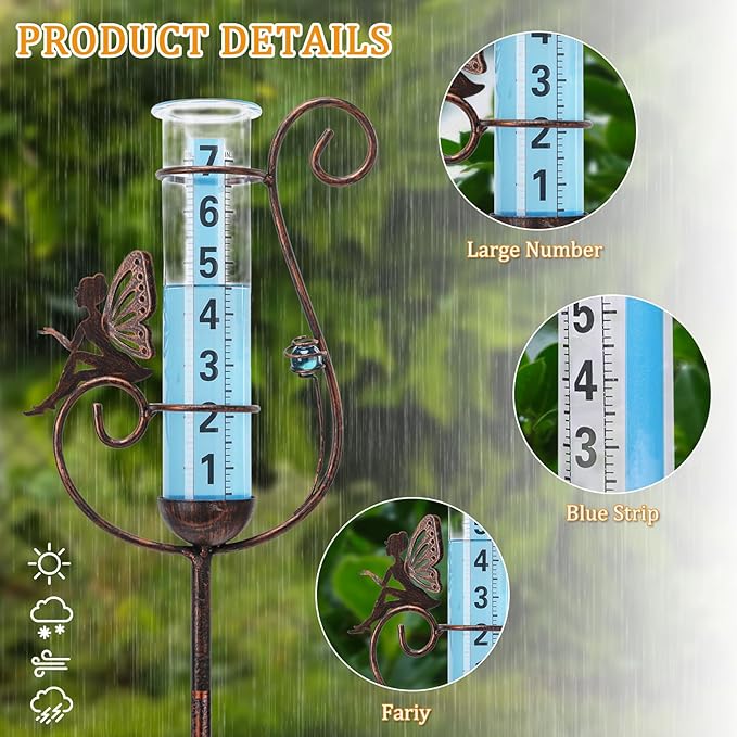 WONDER GARDEN Rain Gauge Outdoor, Decorative Fairy Rain Gauges Outdoors Best Rated, Freeze Proof Glass Water Rain Measure Gauge with Blue Bead for Yard Patio Lawn Decor