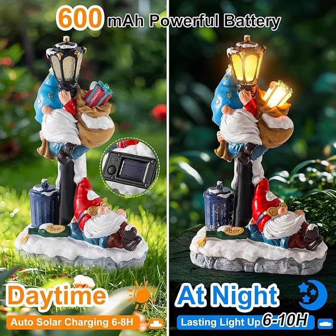 WINTS Solar Garden Gnome,10" Gnome Statue with Solar Lights Outdoor Decor for Patio,Lawn,Yard,Balcony,Funny Gnomes Best Gifts for Father's Day,Women,Housewarming,Birthday