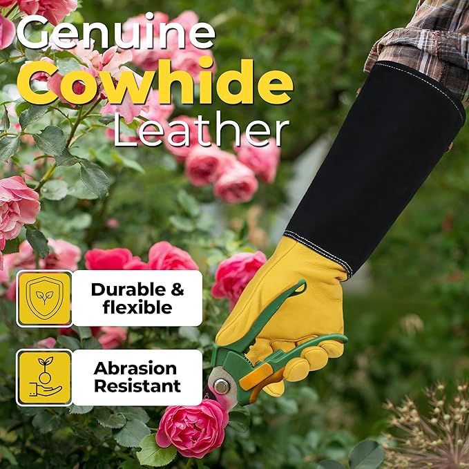 HANDLANDY Long Gardening Gloves for Men & Women, Cowhide Leather Rose Pruning Gloves, Breathable Thorn Proof Gauntlet Glove (Mustard Yellow, S)