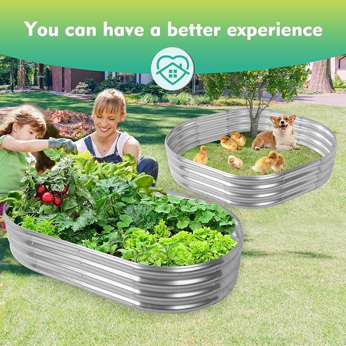 YSEJOMP 5X2.7X1 FT Oval Galvanized Metal Garden Raised Bed/Plant Box for Planting,32 Inches Diameter Iron Fire Pit Ring,Small Animal Fence-3 in 1 Modular Design in Black (Silver, 60X32X11.5 Inches)