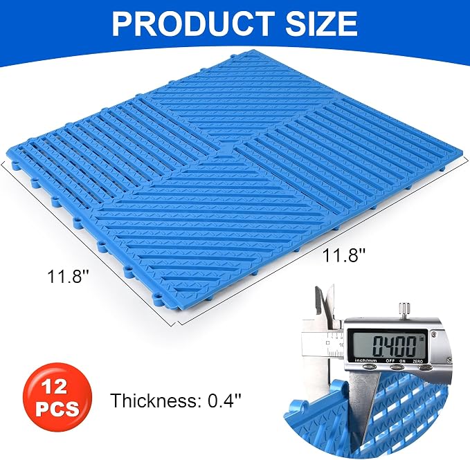 MYFAMIREA Modular Interlocking Cushion 12 Pack 11.8" x 11.8" Rubber Floor Tiles Non-Slip Splicing Drainage Mats for Deck, Pool, Shower, Patio, Balcony, Bathroom, Kitchen, Yard (Diagonal, Blue)