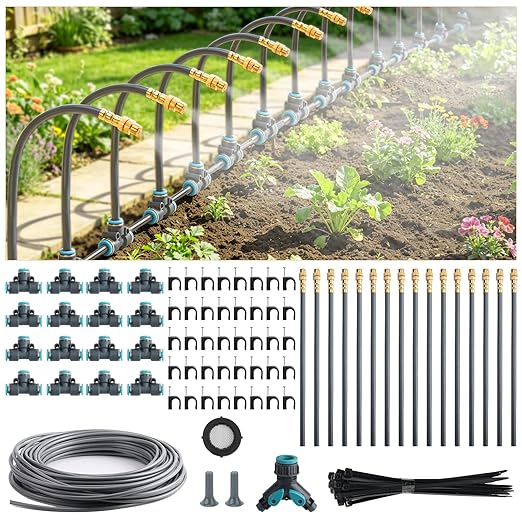 100FT 1/4" Quick-Connect Drip Irrigation System Kit, Automatic Garden Watering System with 16 Pcs Adjustable Spray Nozzles for Garden, Greenhouse, Yard, Lawn