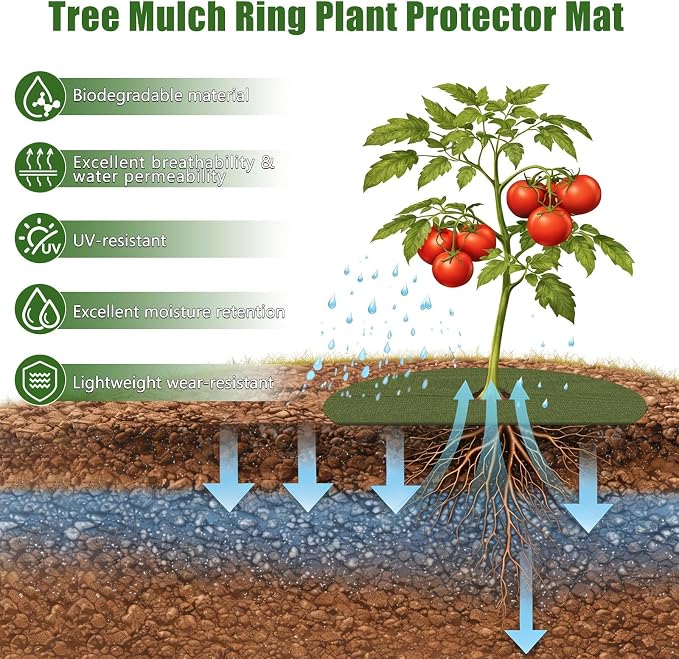 YBB 10 Pcs Upgraded Tree Mulch Rings, 23.6 Inch Tree Weed Barrier Fabric Non-Woven Degradable Weed Mat Blocker for Landscaping Weed Control Root Protection with 20 Nails