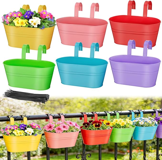 MADHOLLY Railing Planter with Drainage Holes - 6Pcs Sturdy Bucket Pots for Railing Fence, Countryside Style Metal Flower Pots for Herbs Balcony Garden Yard Decor, Colorful