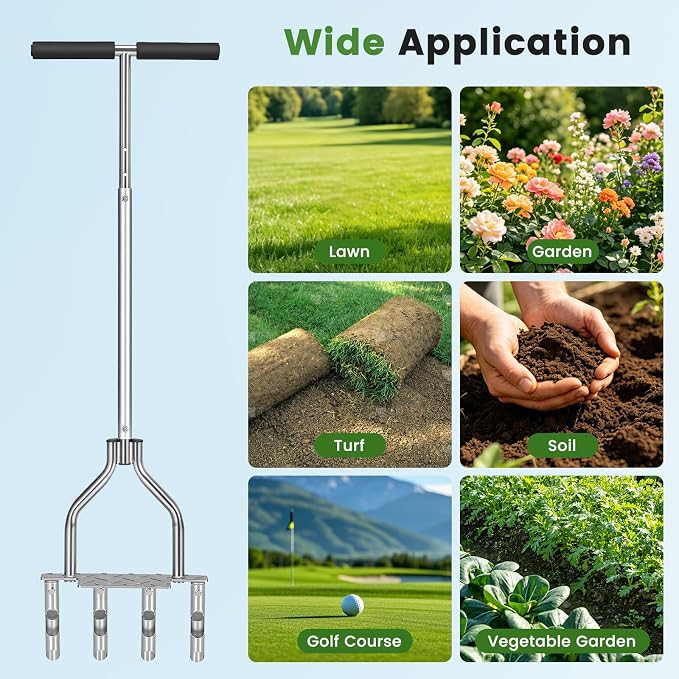 Manual Lawn Core Aerator with 4 Hollow Tines, Adjustable Height Grass Aeration Tool with Widened Footrest, Heavy Duty Plug Aerator for Lawn Yard Soil Compaction Relief