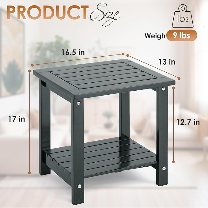 2-Tier Adirondack Outdoor Side Table, 16.6" Acacia Weather-Resistant End Table with Shelf for Patio, Garden, Lawn, Living Room (Grey)