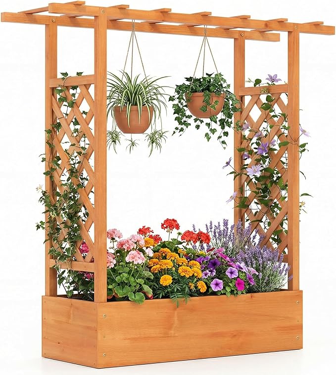 Giantex Wooden Raised Garden Bed with Trellis & Hanging Roof, Fir Wood Planter Box, 45" Freestanding Elevated Garden Bed for Outdoor Climbing Plants Vegetables Flowers, Patio & Balcony, Orange