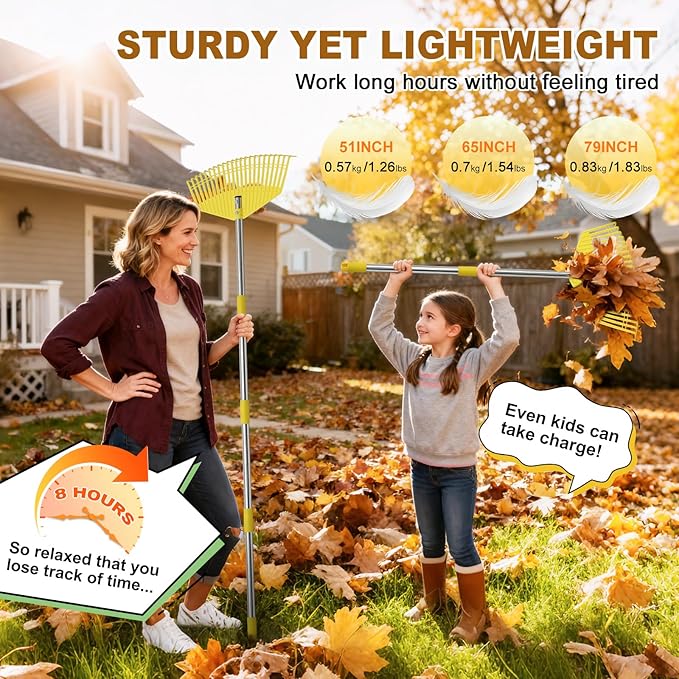 Leaf Rake - 16.5" Wide Nylon Plastic Head,51" Adjustable Stainless Steel Handle,Heavy Duty Gardening Leaves Rake Tools for Garden Lawns,Yard,Shrub,Grass - Lightweight for Women,Seniors & Kids