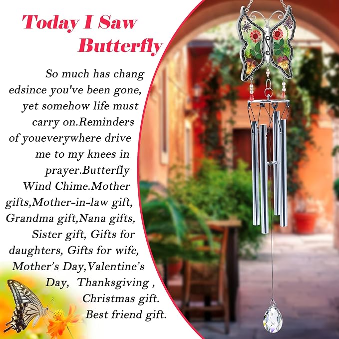 KY&Bosam Butterfly Wind Chime for Outside Memorial Sympathy Gifts 20" Memorial Wind Chimes for Loss of Loved One Butterfly Sympathy Wind Chimes Bereavement Condolence Remembrance Gift for Loss of Mom